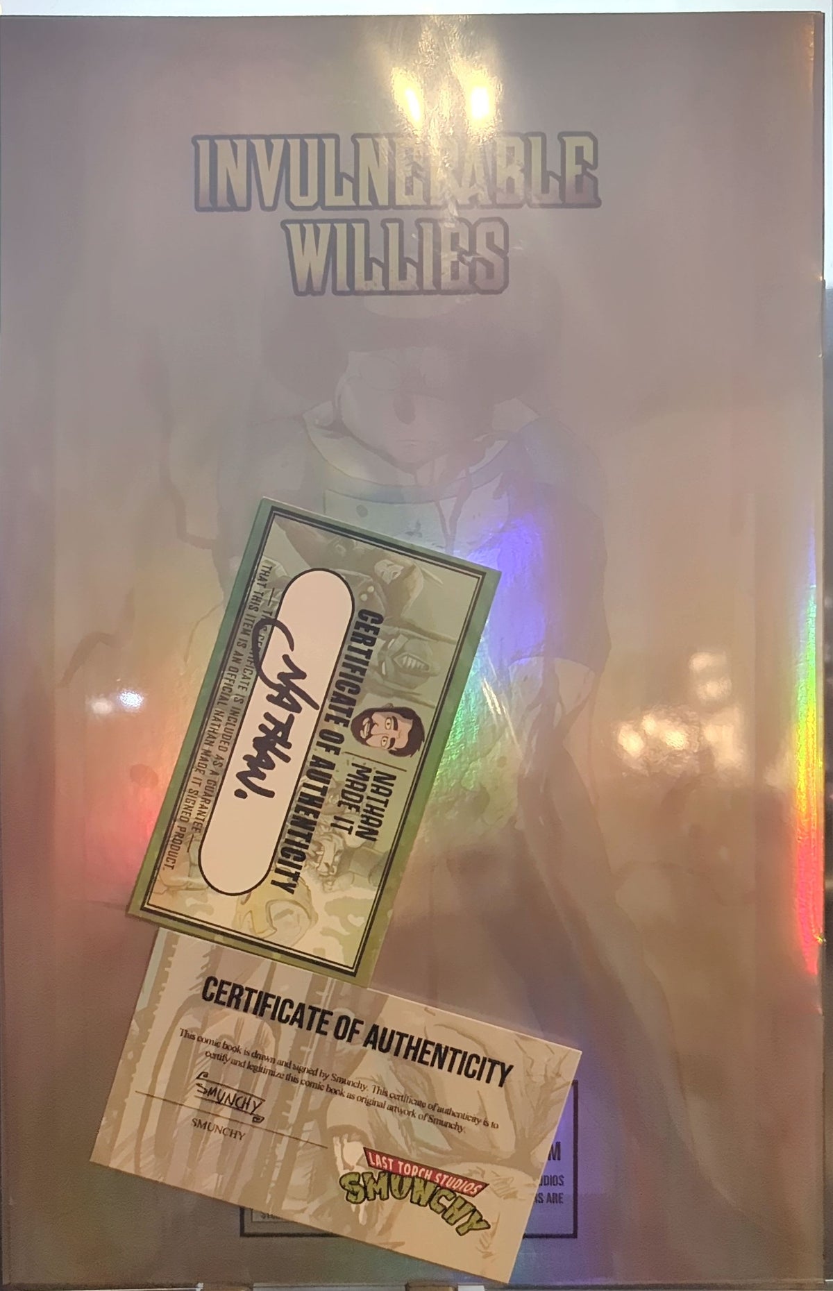 Smunchy - Nathanmadeit - One Shot - Invulnerable Willies - AB Homage - Remarque by Nathan and Blood Crown Jewel Sig by Smunchy - 1/1 gold foil